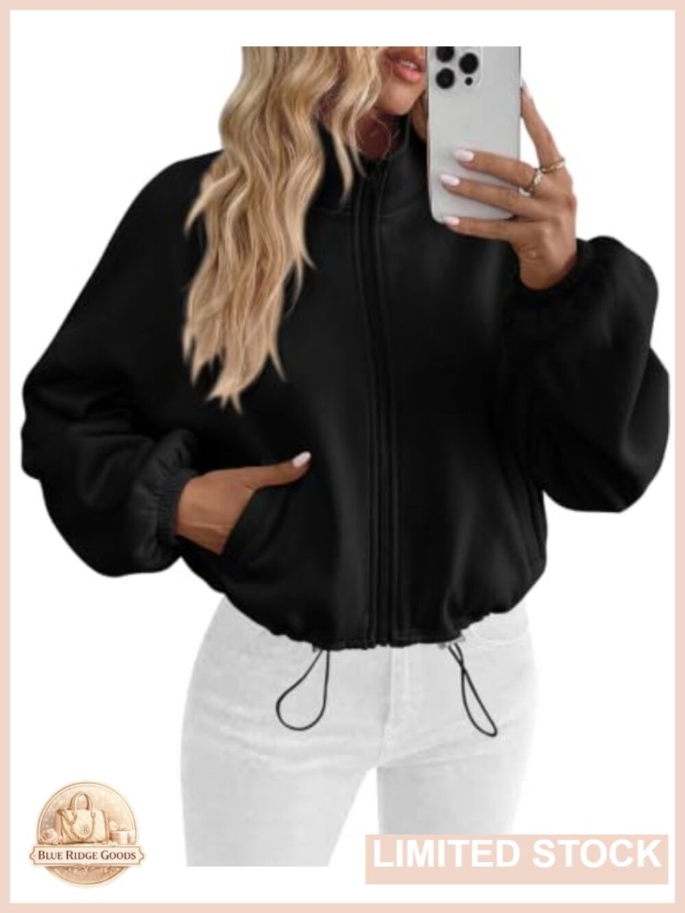 Cropped Fleece Zip Up Sweatshirt Jacket Stand Collar Drawstring Women's